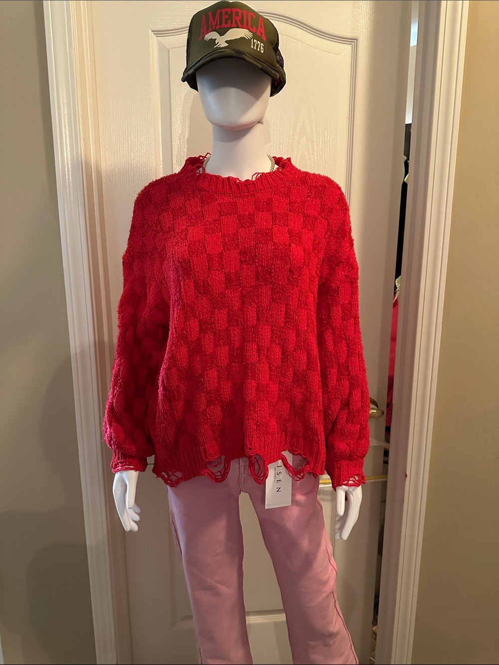 POL Round Neck Long Sleeve Solid Weaving Sweater Candy Red